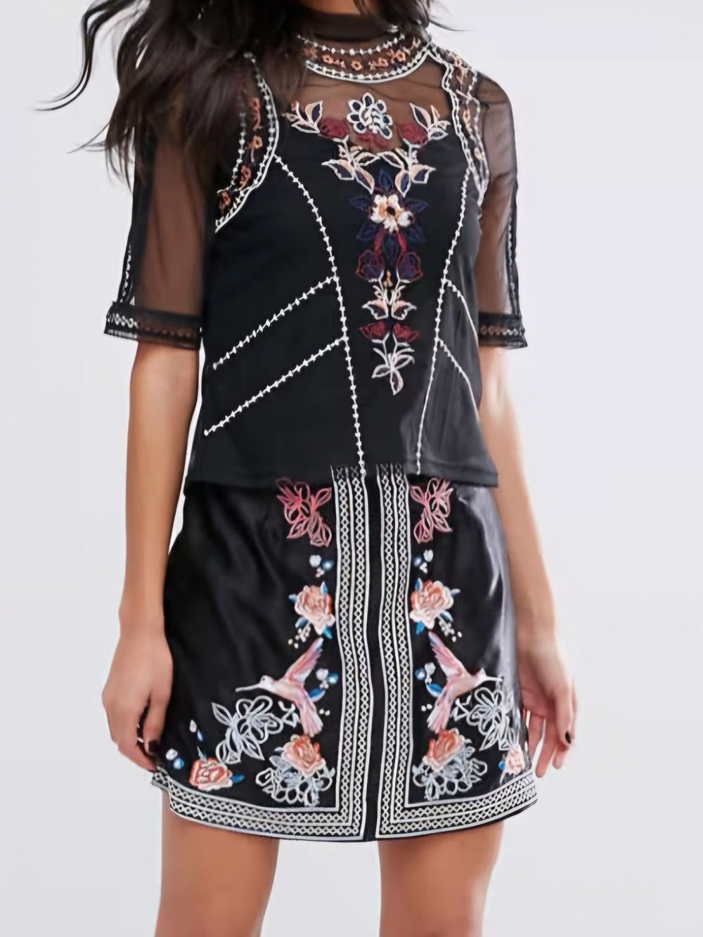 Black Embroidered Mock-Neck Blouse